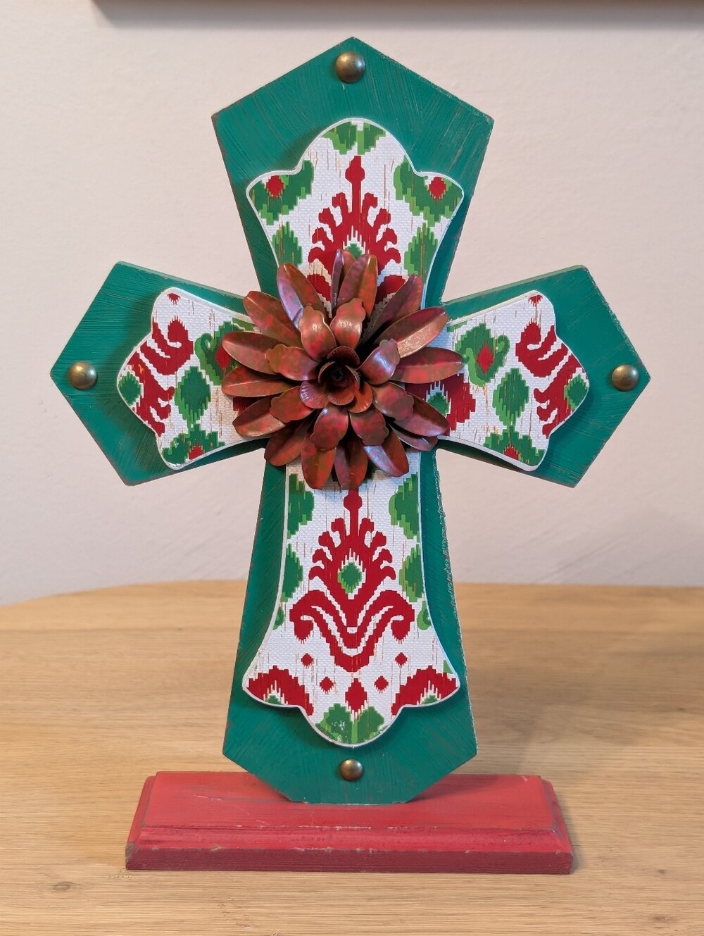 Decorative Green & Red Patterned Cross with‎ Metal Flower